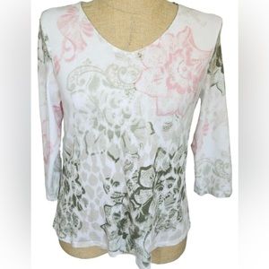💞Chico's White Pink Green Floral 3/4 Sleeve V-Neck Cotton Tee Size 2, Large